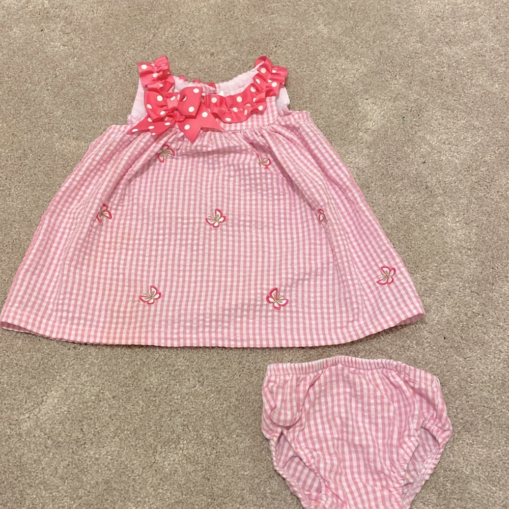 Baby girl pink dress with butterflies and ribbon neckline 3-6M